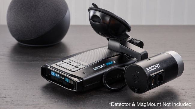 M2 Smart Dash Cam with MAX 3 Radar Detector on Countertop